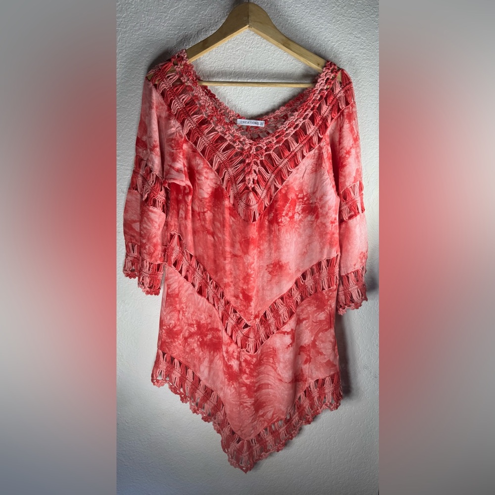 Women's Coral Pink Tie-Dye Crochet V-Neck swim cover up